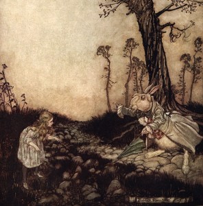 An Arthur Rackham illustration from Alice's Adventures in Wonderland.