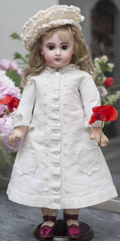Beautiful Rare Antique French Bisque Bebe E.J. Jumeau doll, Size 8, with Original Dress and Hat