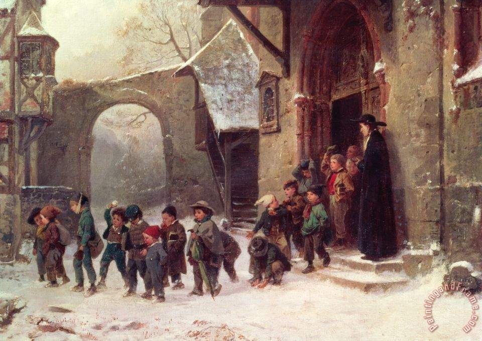 victorian-painting-snow-scene-children-leaving-school-by-marc-louis-benjamin-vautier